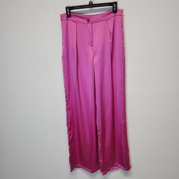 Sincerely Jules Pleated Wide Leg Satin Pants Size L Bright Pink Office Barbie - Picture 2 of 13